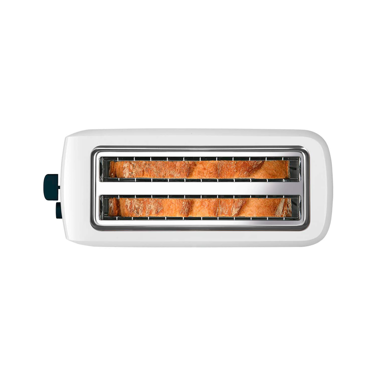 Biały toster z dwoma kromkami tostów w środku. Chleb jest złoty. Toster ma niebieską dźwignię.