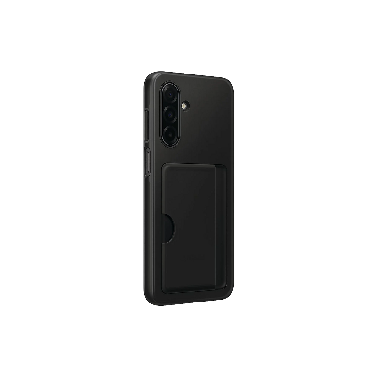 Czarny smartfon z etui na czarnym tle. Etui ma uchwyt na karty i aparat.