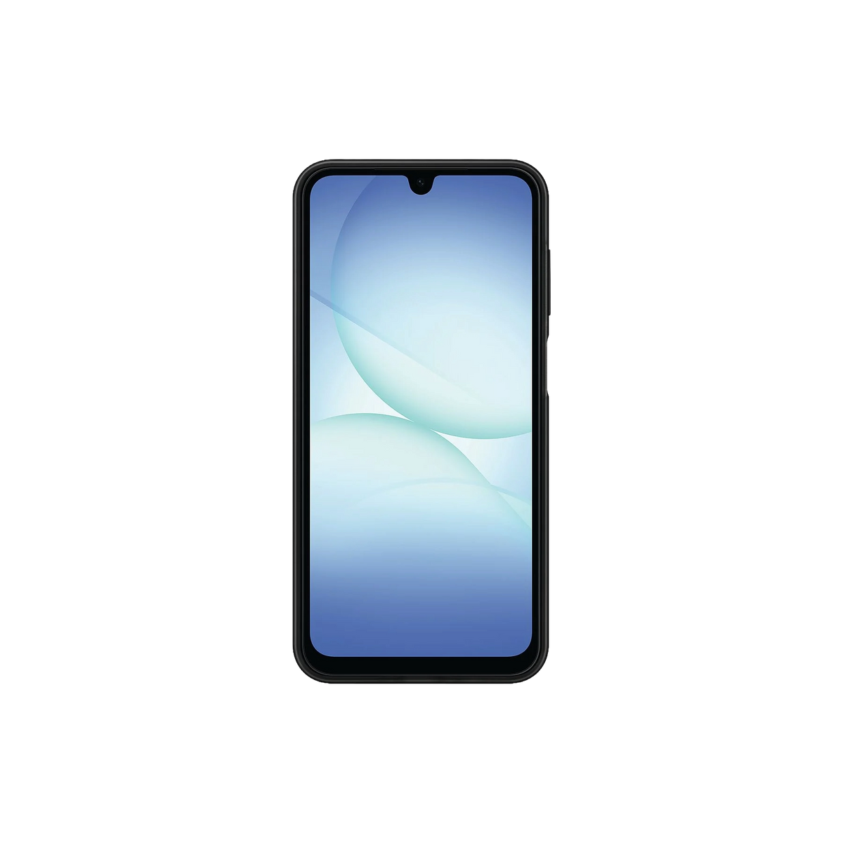 Smartfon z czarną ramką, ekran wyświetla niebiesko-biały abstrakcyjny wzór na czarnym tle.