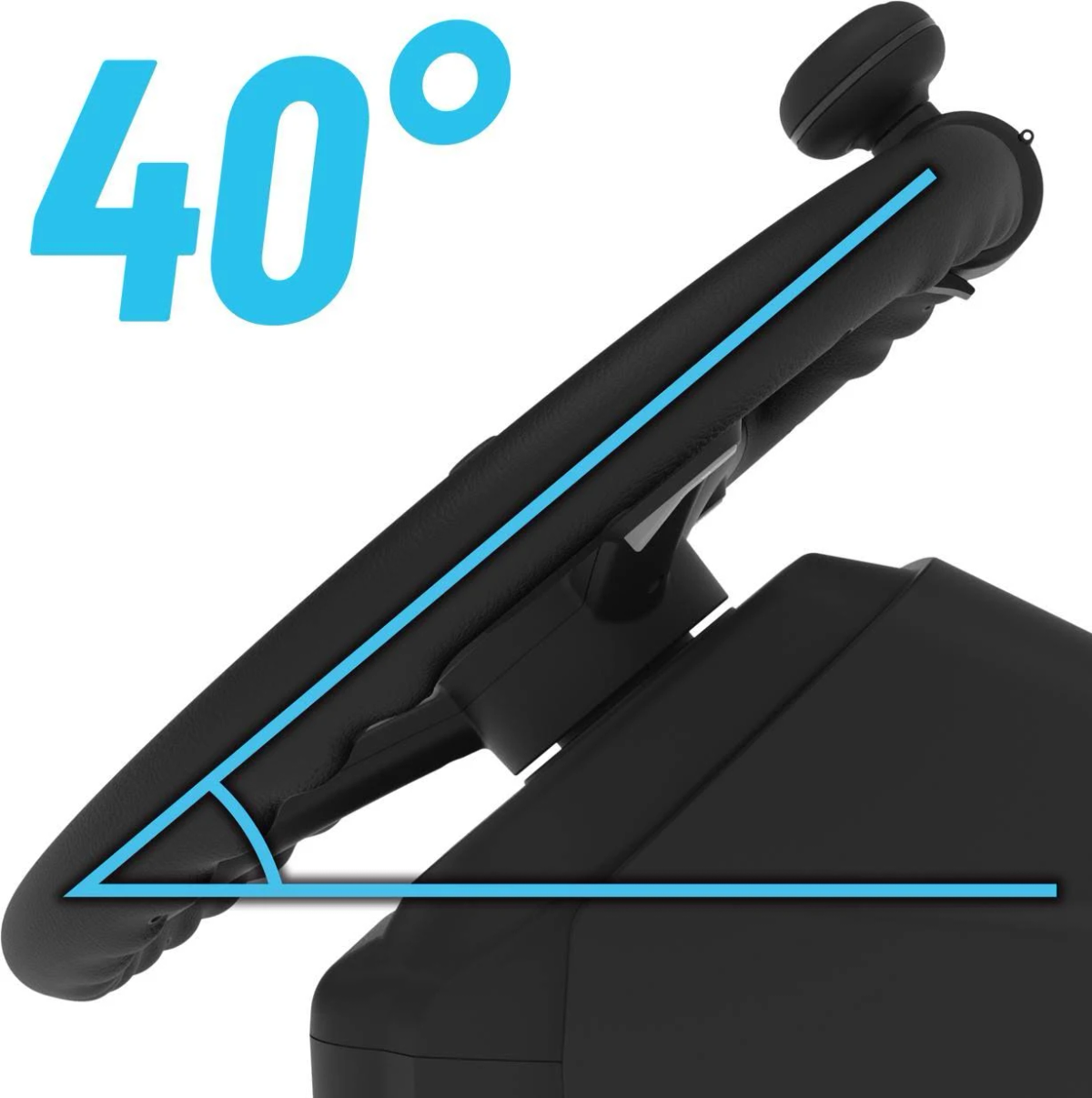 Czarna kierownica jest ustawiona pod kątem 40 stopni. Niebieskie linie i liczby podkreślają kąt. Tło jest białe.