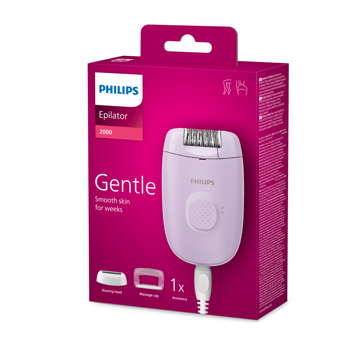 Pembe bir kutu üzerinde bir Philips epilatör. Lavanta rengi bir epilatöre, tıraş başlığına ve masaj kapağına sahiptir. Gentle ve Philips kelimeleri görünür.