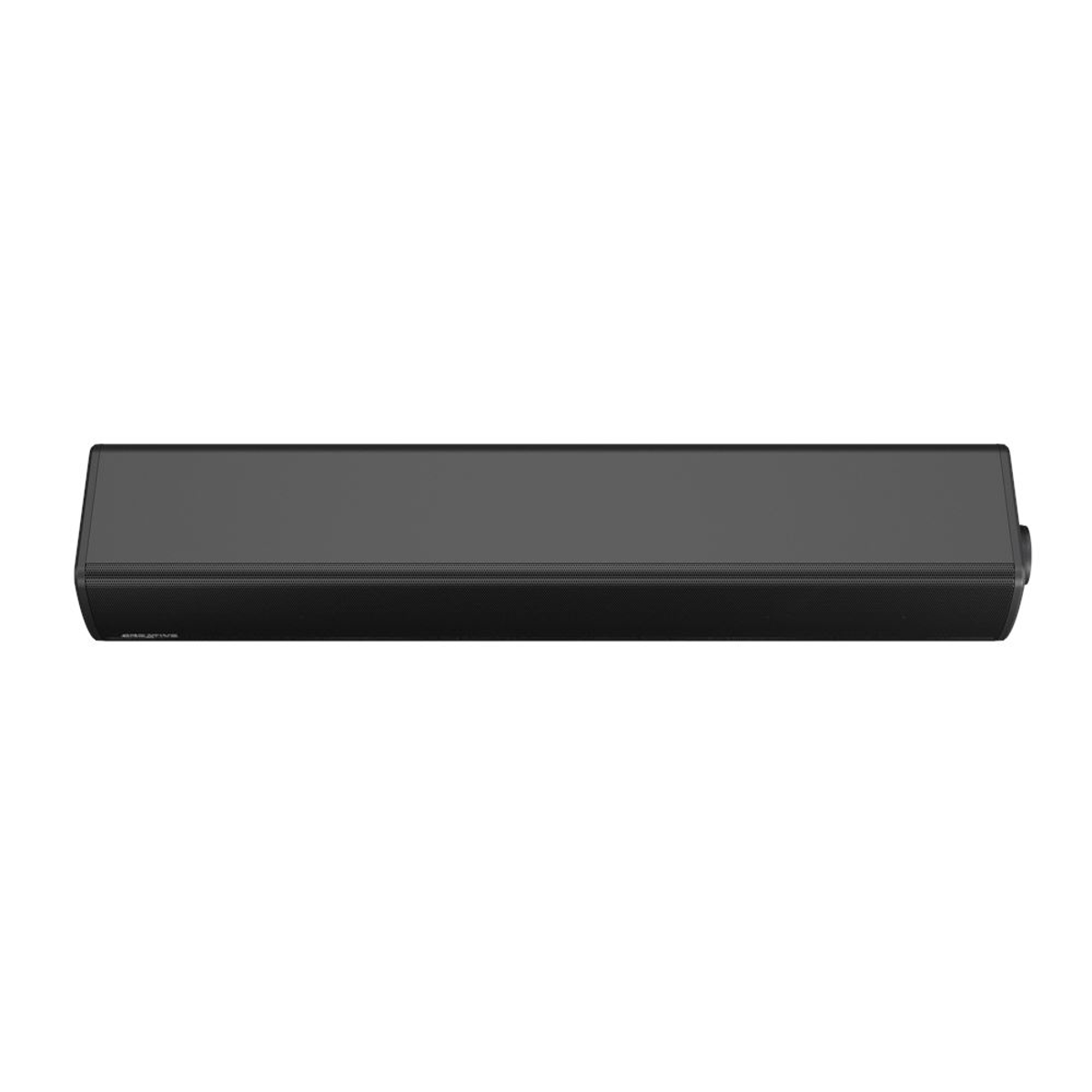Eine schwarze Soundbar auf weißem Hintergrund. Sie hat ein schlankes Design mit Lautsprechergitter und kleinem Bedienelement.