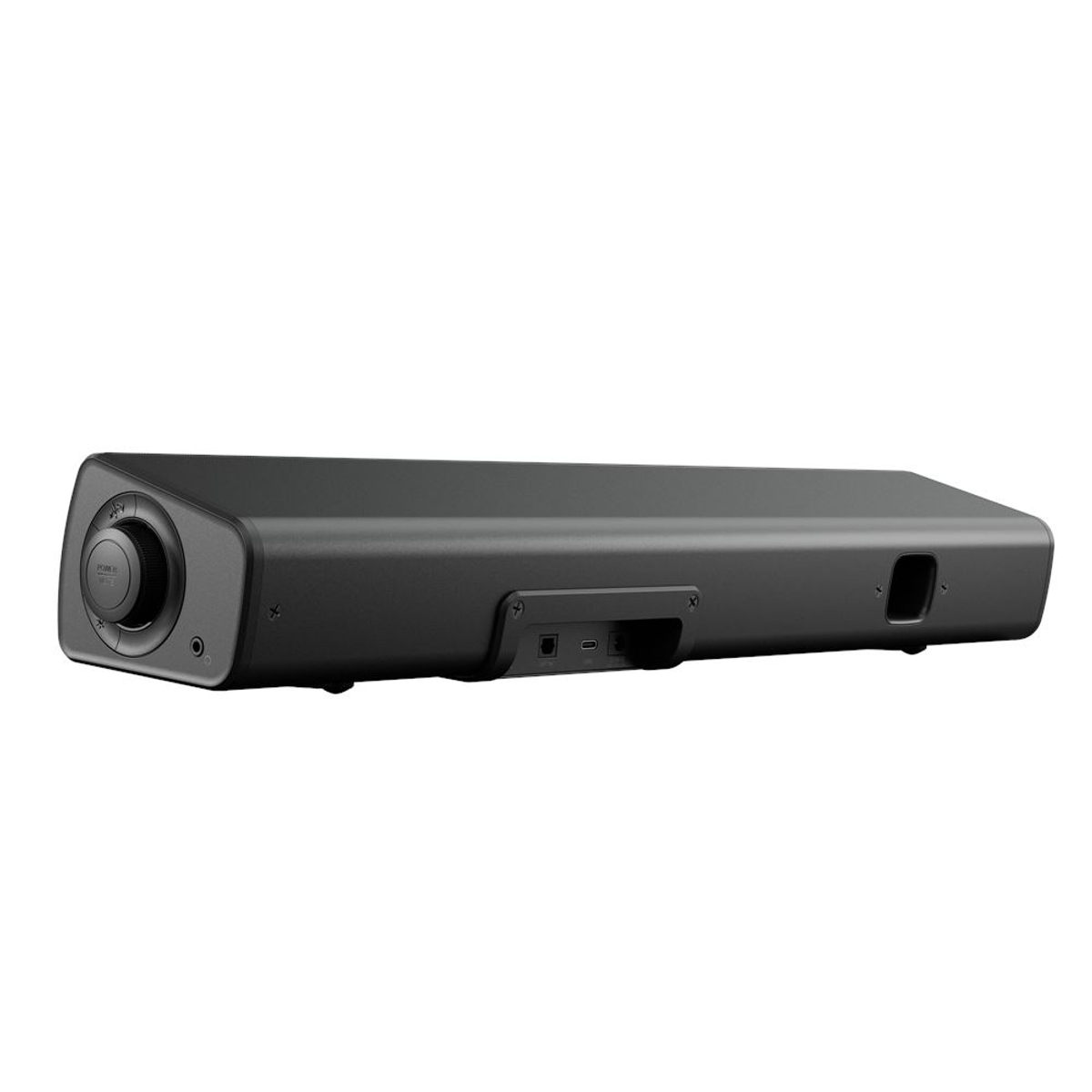 Eine schwarze Soundbar mit einem Lautstärkeregler links. Sie hat Anschlüsse und eine Öffnung auf der Rückseite. Der Hintergrund ist weiß.