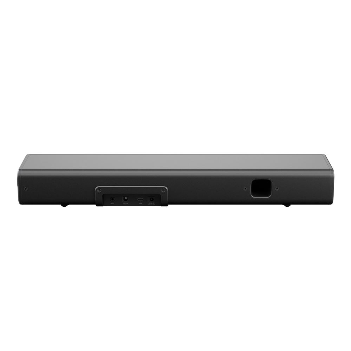 Eine schwarze Soundbar mit sichtbaren Anschlüssen. Die Soundbar ist rechteckig, mit einer Lautsprecheröffnung rechts. Der Hintergrund ist weiß.