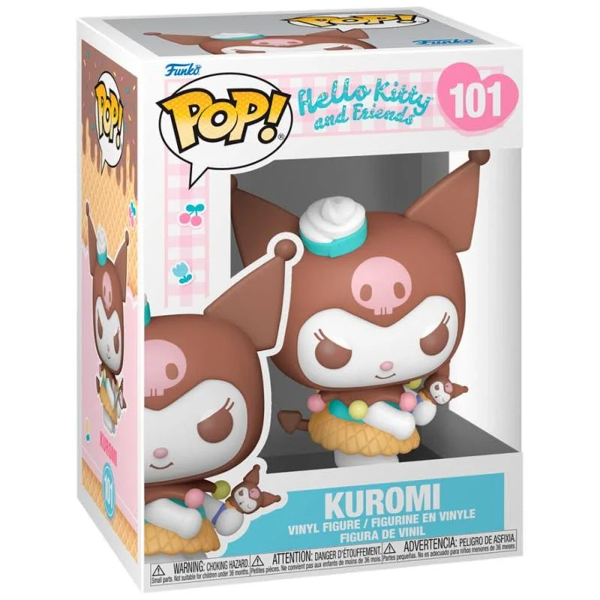 Pudełko Funko Pop! z figurką Kuromi. Figurka jest brązowo-biała, z czaszką na twarzy, i ma na sobie gofrowaną spódnicę.
