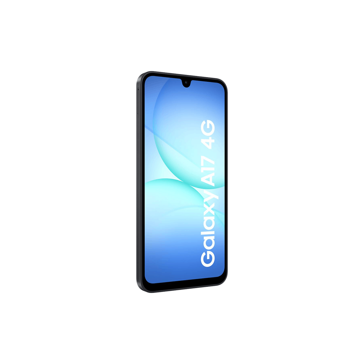 Smartfon Samsung Galaxy A17 4G z czarną ramką jest wyświetlany na czarnym tle. Ekran pokazuje niebieski gradient.