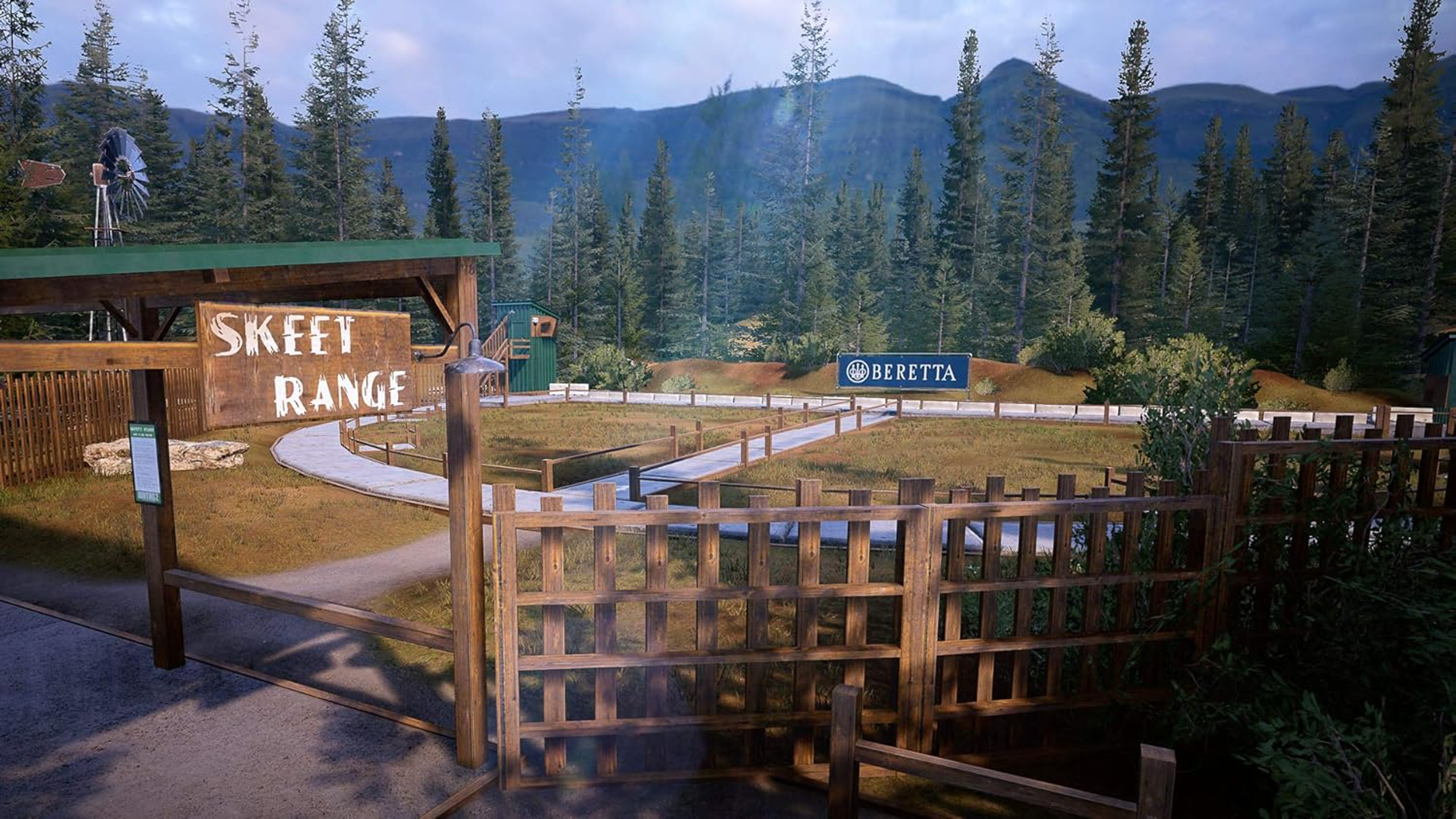 Ingresso a un campo di skeet con recinzione in legno, cartello e sentiero. Sfondo con foresta, montagne e insegna Beretta.