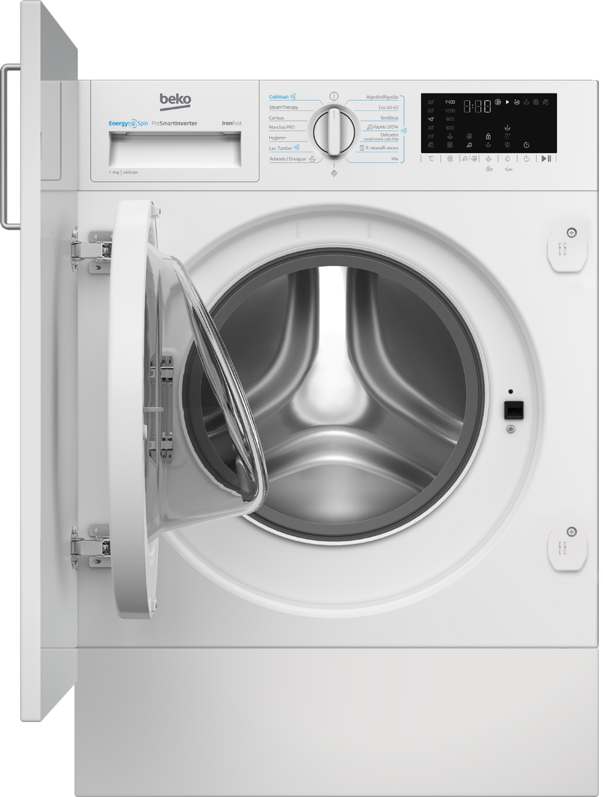 Una lavadora Beko blanca con la puerta abierta. Incluye panel de control y varias opciones de lavado.