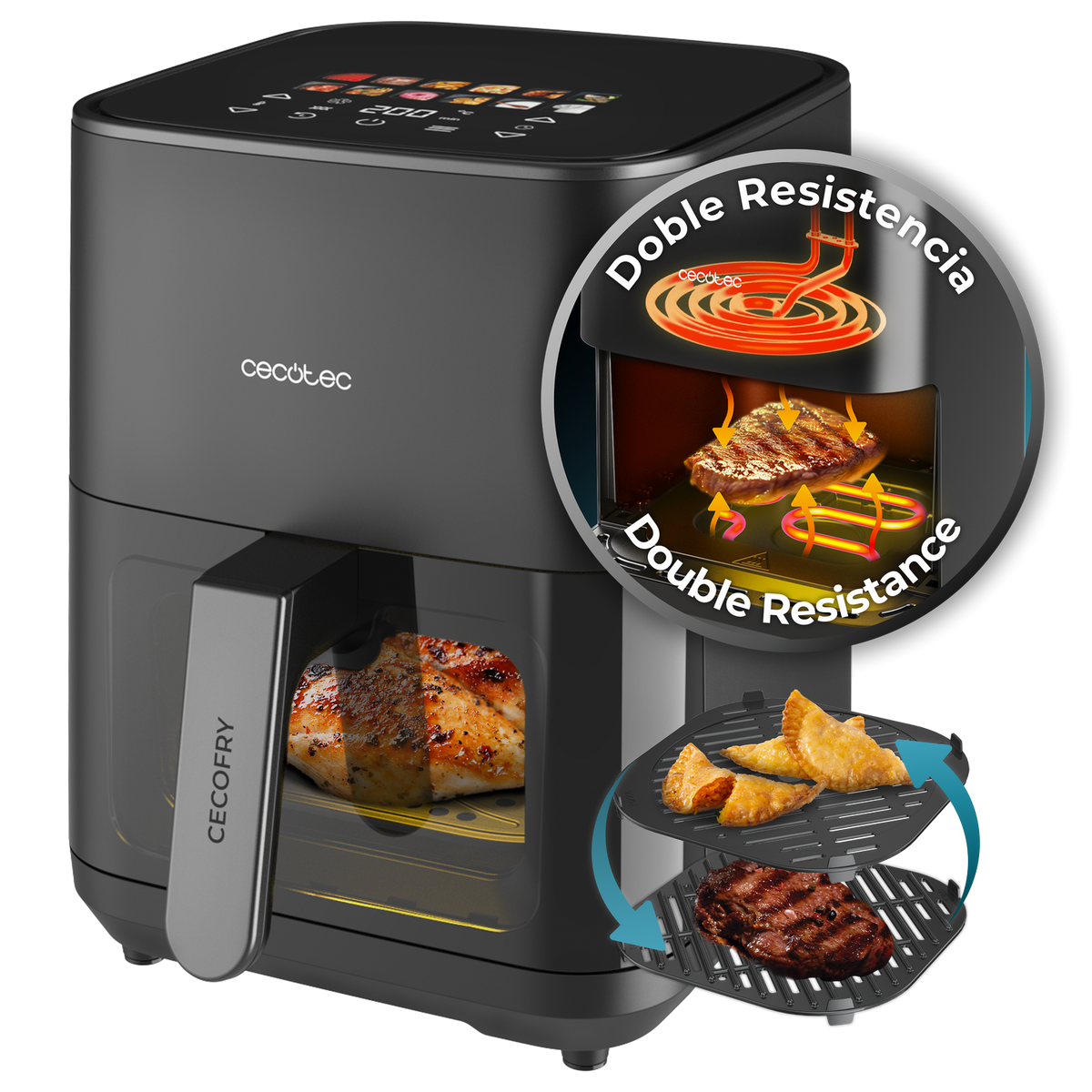Czarna frytkownica Cecotec z jedzeniem w środku. Zawiera schemat pokazujący podwójny opór i ugotowane jedzenie.