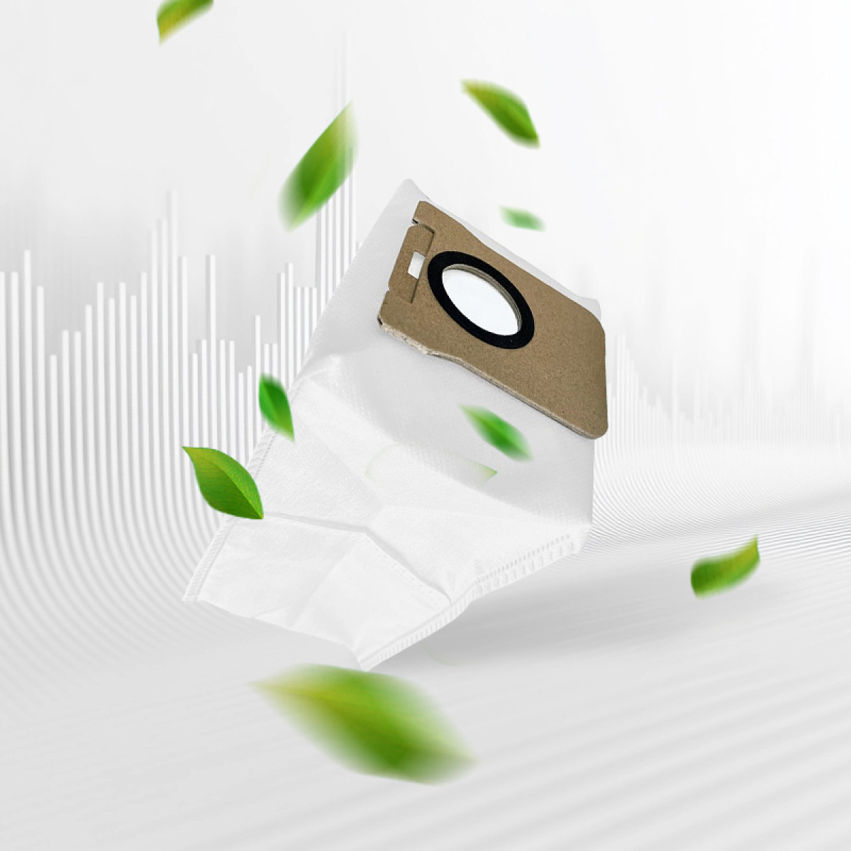 Worek do odkurzacza z brązową kartonową częścią i owalnym otworem, otoczony zielonymi liśćmi na białym tle.