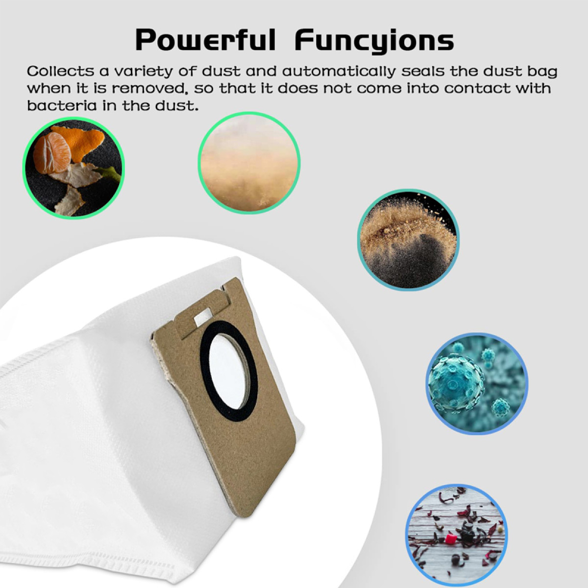 Obraz przedstawia worek do odkurzacza z ilustracjami kurzu i bakterii, wraz ze skórką pomarańczową i liśćmi herbaty.