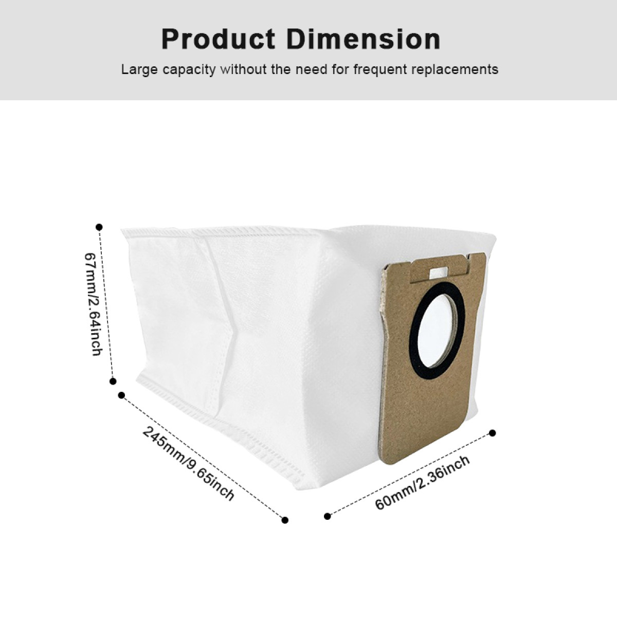 Biały worek do odkurzacza z brązowym otworem z tektury. Wymiary są oznaczone: 245 mm, 60 mm i 67 mm. U góry tekst 'Wymiar produktu'.