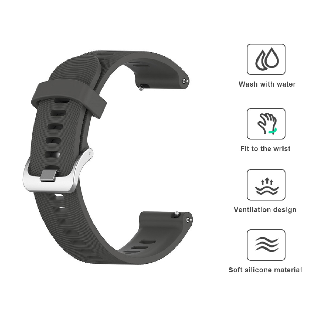 Ciemnoszary pasek do zegarka ze srebrną klamrą i ikonami wskazującymi na możliwość prania, dopasowanie do nadgarstka, wentylację i miękki materiał silikonowy.