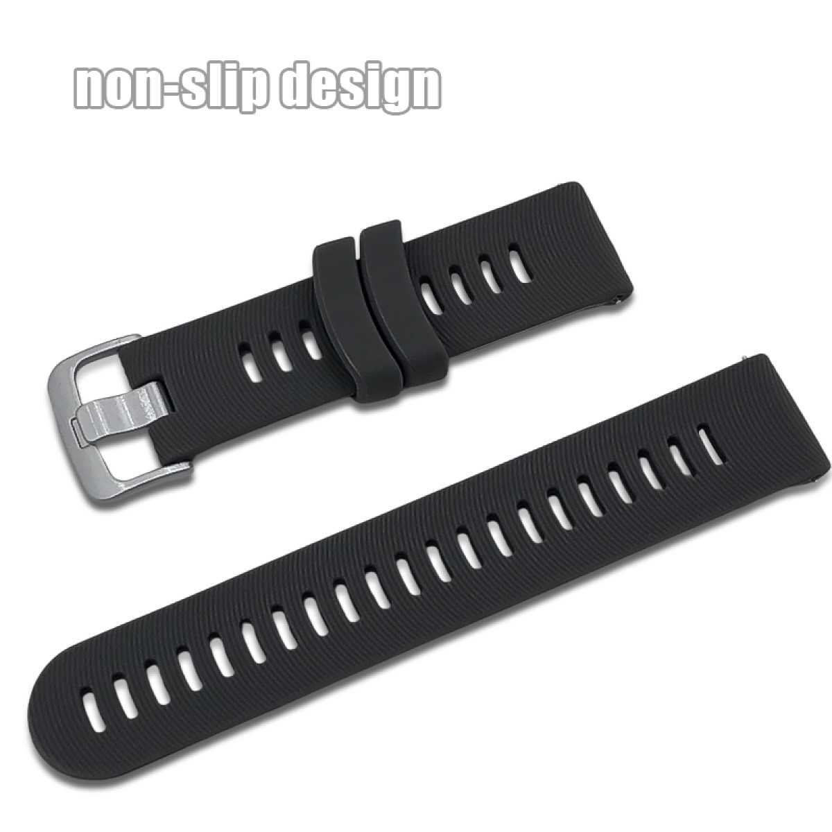 Części czarnego paska do zegarka, jedna z klamrą, druga z wieloma otworami, na białej powierzchni. Tekst 'non-slip design' powyżej.