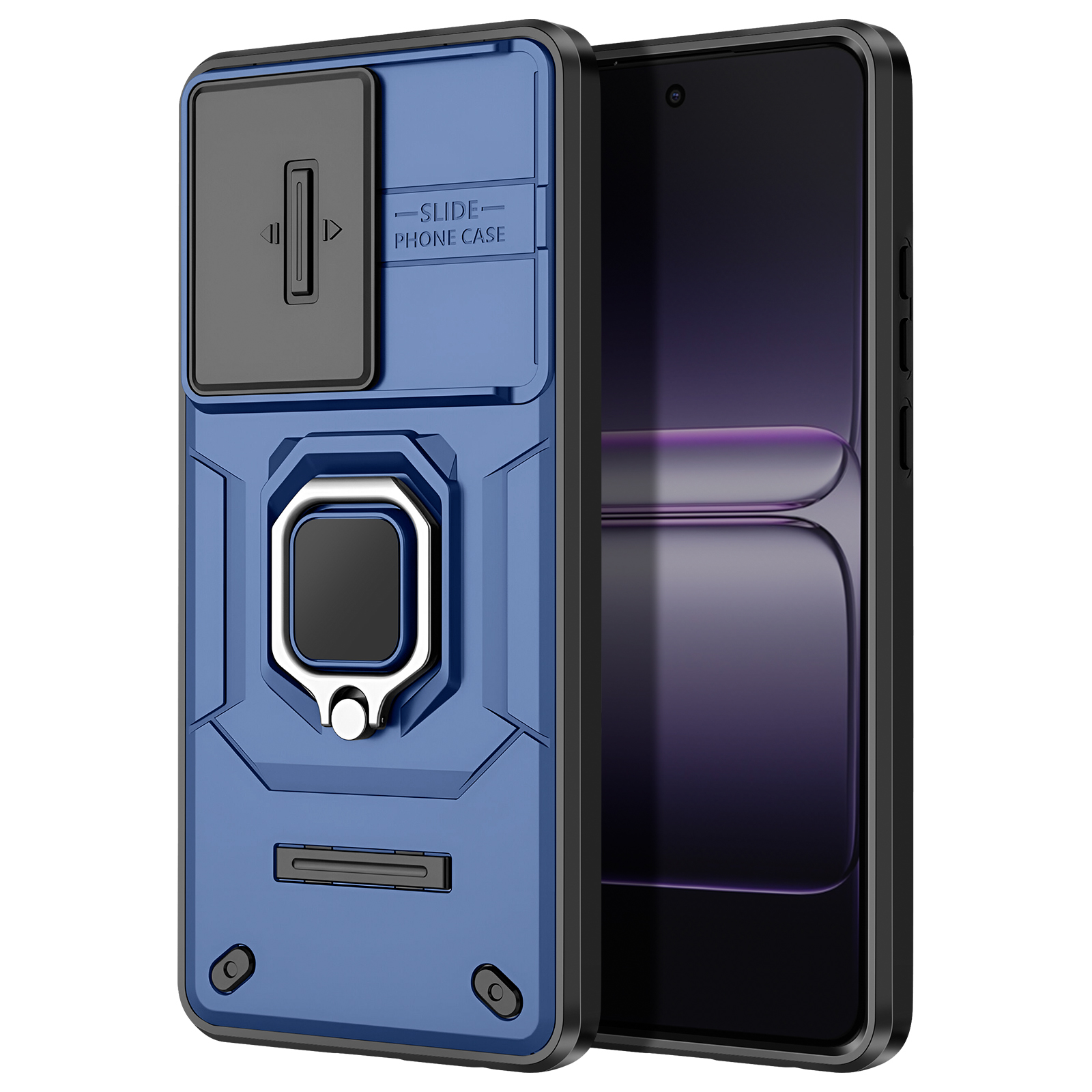 Custodia blu per telefono con cursore nero, porta anello e schermo nero del telefono. La custodia copre la maggior parte del telefono.
