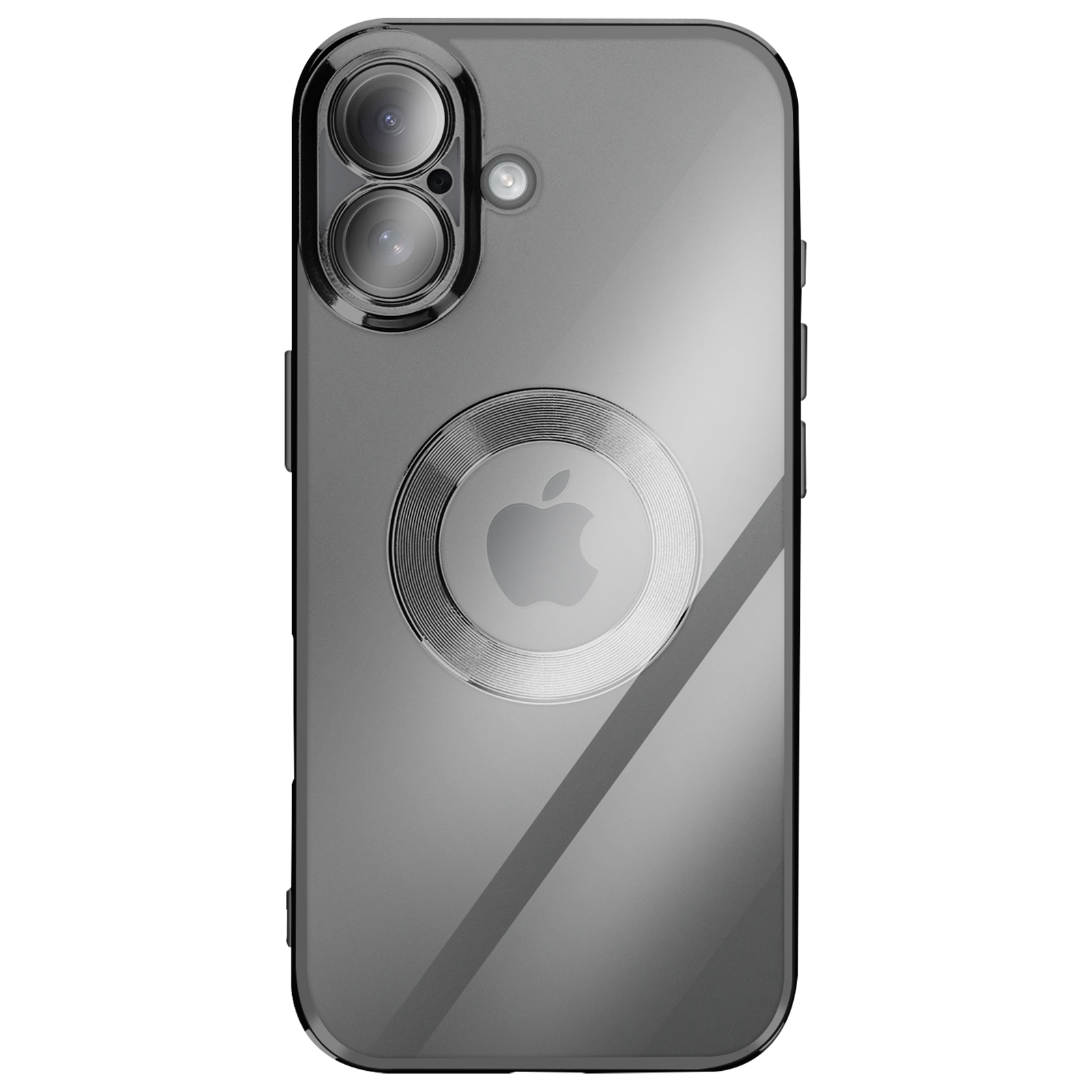 Une coque de téléphone avec des objectifs d'appareil photo et un logo Apple. La coque est grise et transparente.