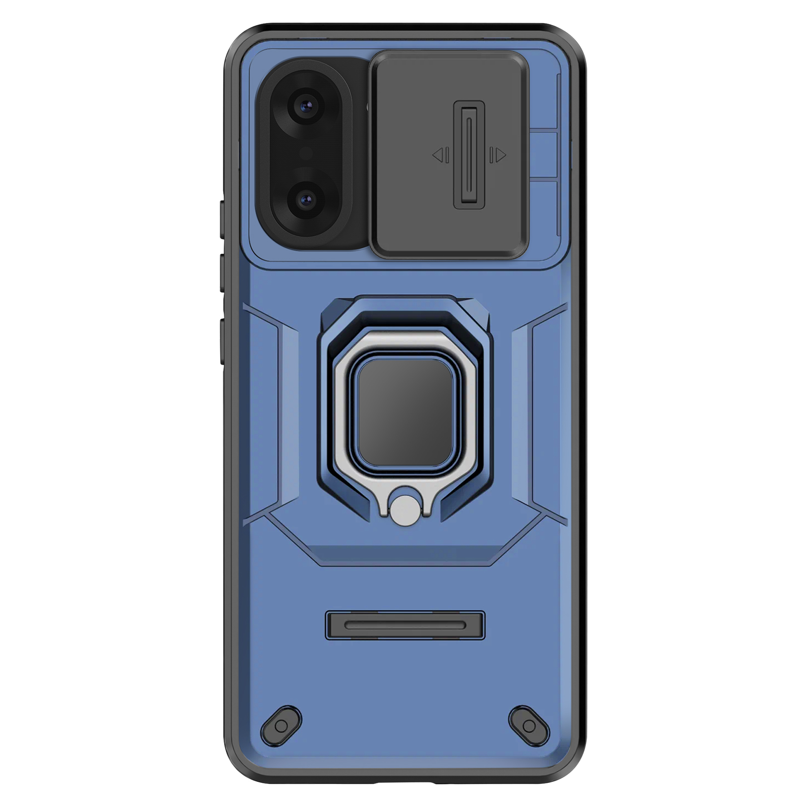 Custodia blu per telefono con ritaglio fotocamera, cursore, supporto ad anello e supporto. Bordi e dettagli neri. Isolato su bianco.