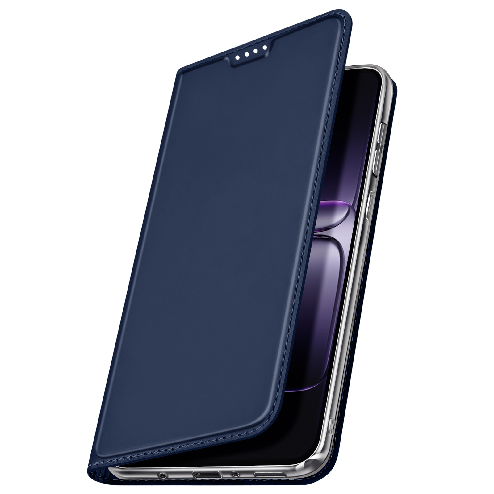 Custodia blu navy aperta, rivela un telefono. Custodia con cuciture e fori. Sfondo bianco.