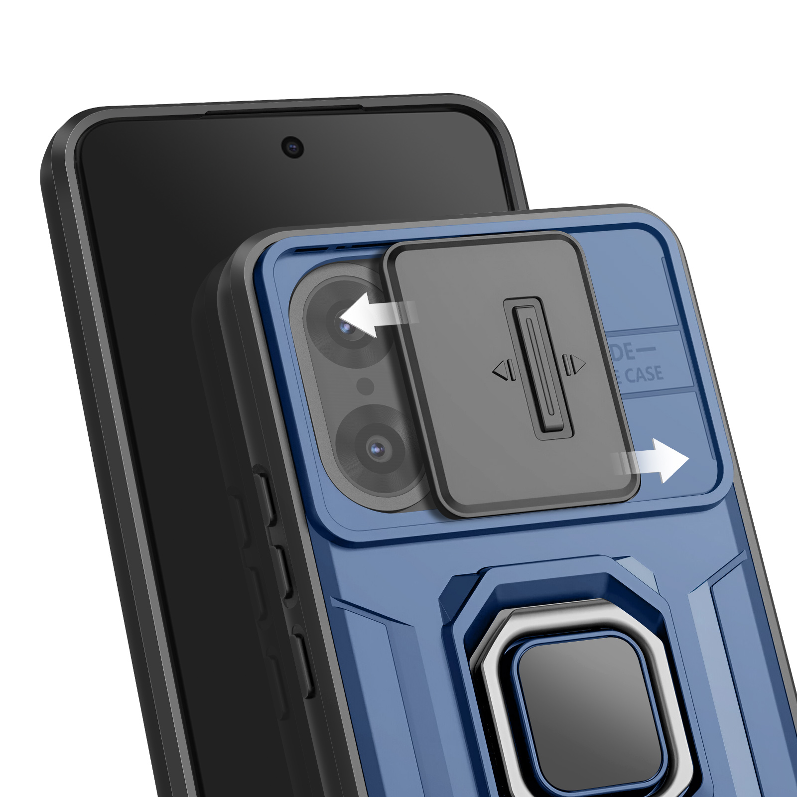 Telefono nero con custodia blu, copertura della fotocamera aperta. Frecce indicano lo scorrimento. Porta anello argento in basso.
