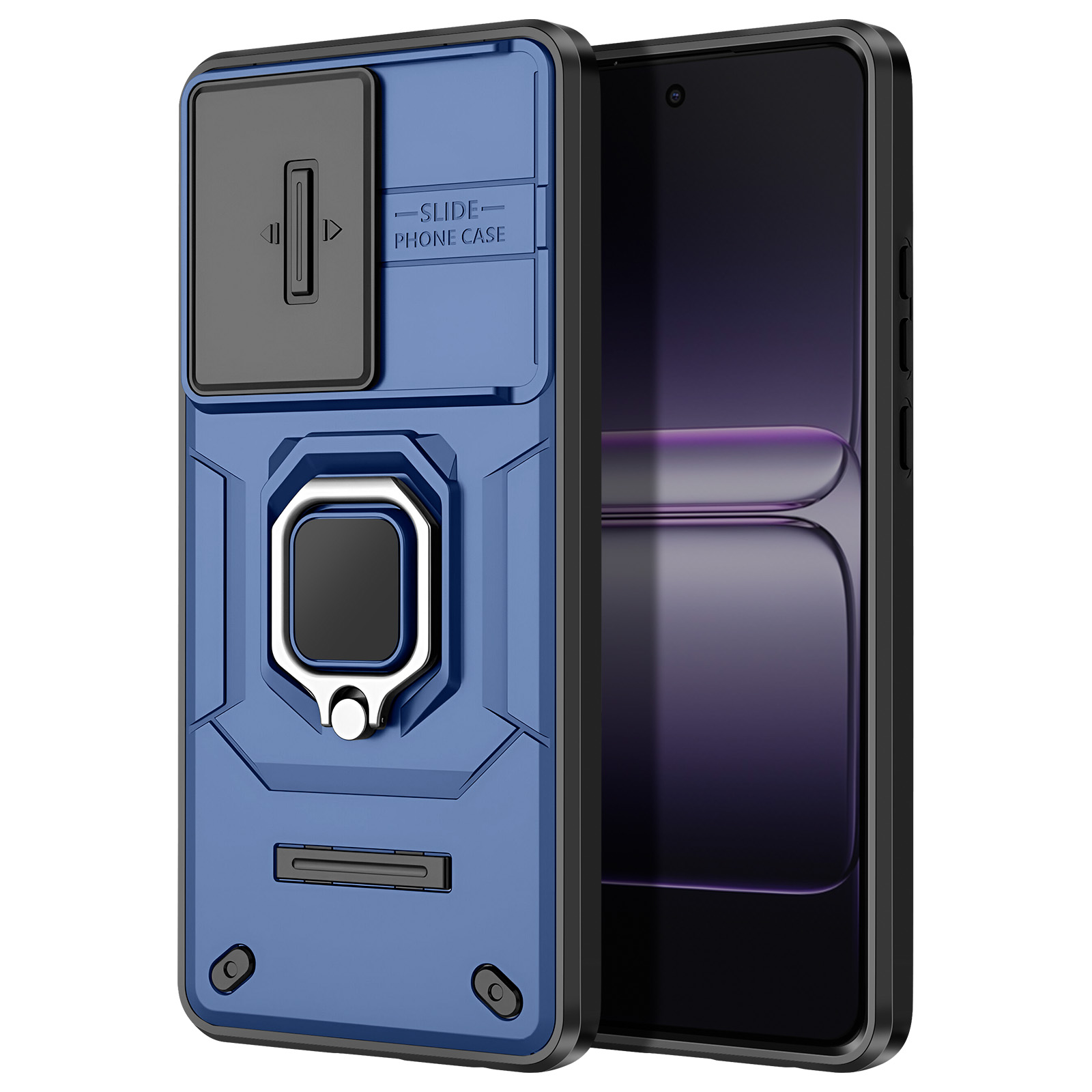 Custodia blu per telefono con cursore nero e supporto ad anello, accanto a un telefono nero. Lo schermo mostra una sfumatura viola.