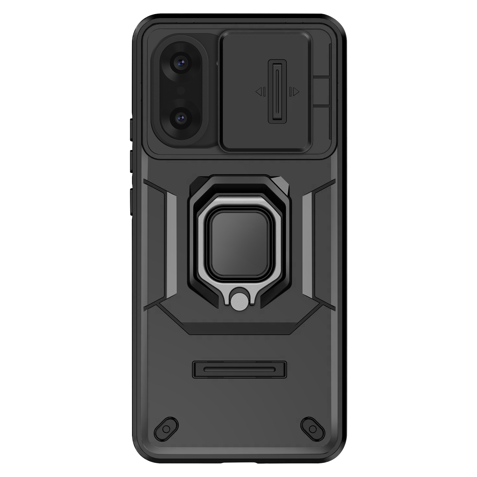 Coque de téléphone noire avec caméra, curseur et support d'anneau. Dispose d'un design géométrique et de boutons.