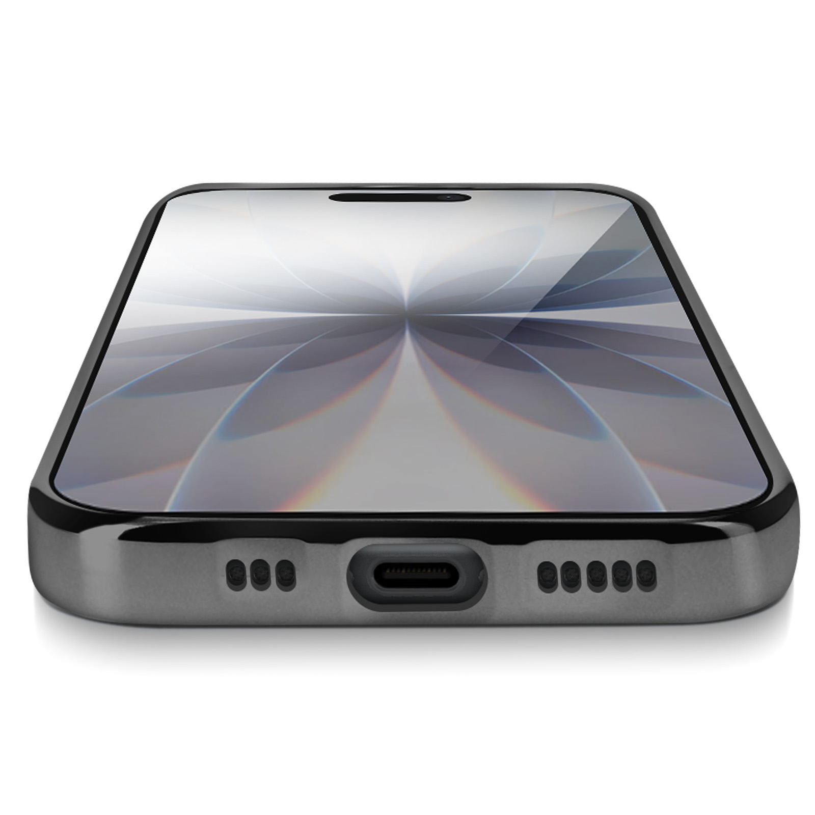 Gros plan d'un téléphone. L'écran affiche un motif lumineux. Le téléphone a un cadre noir et un port de charge en bas.