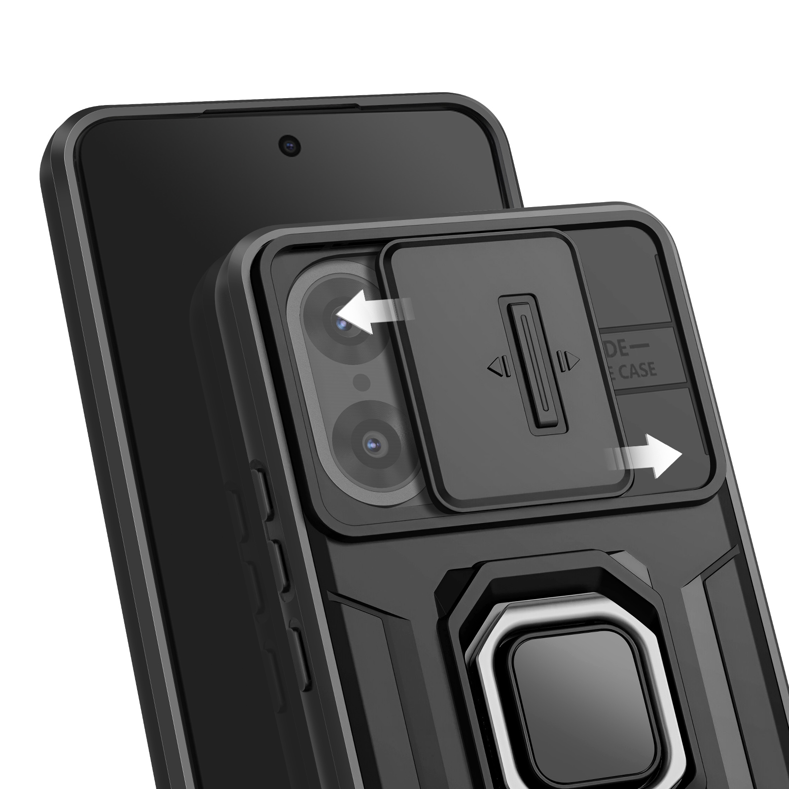 Téléphone noir avec étui de protection. L'étui a un cache caméra coulissant et un support de bague. Les flèches indiquent le mouvement.