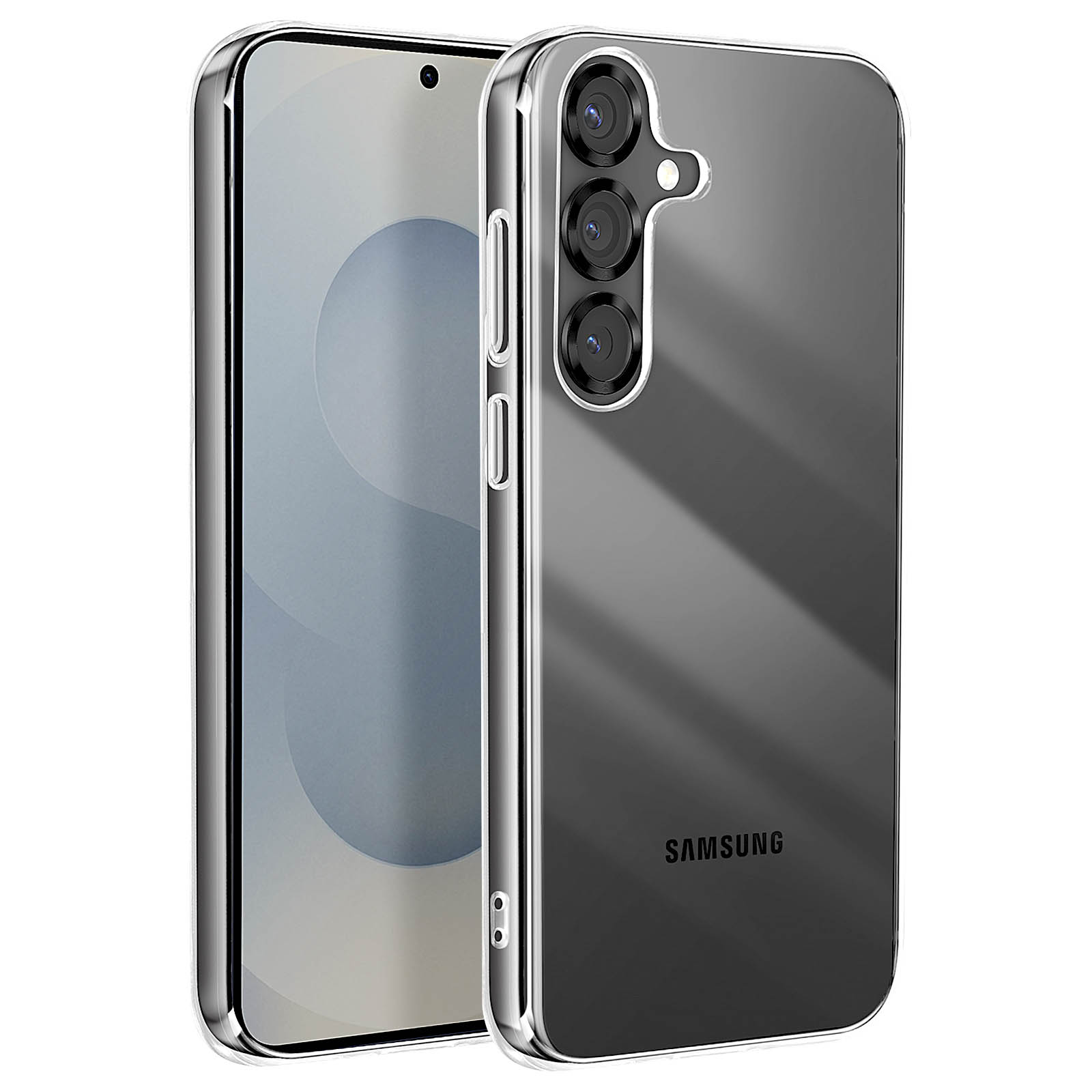 Una custodia trasparente per telefono su un telefono Samsung nero. La custodia ha ritagli per la fotocamera e pulsanti. Il telefono è angolato.