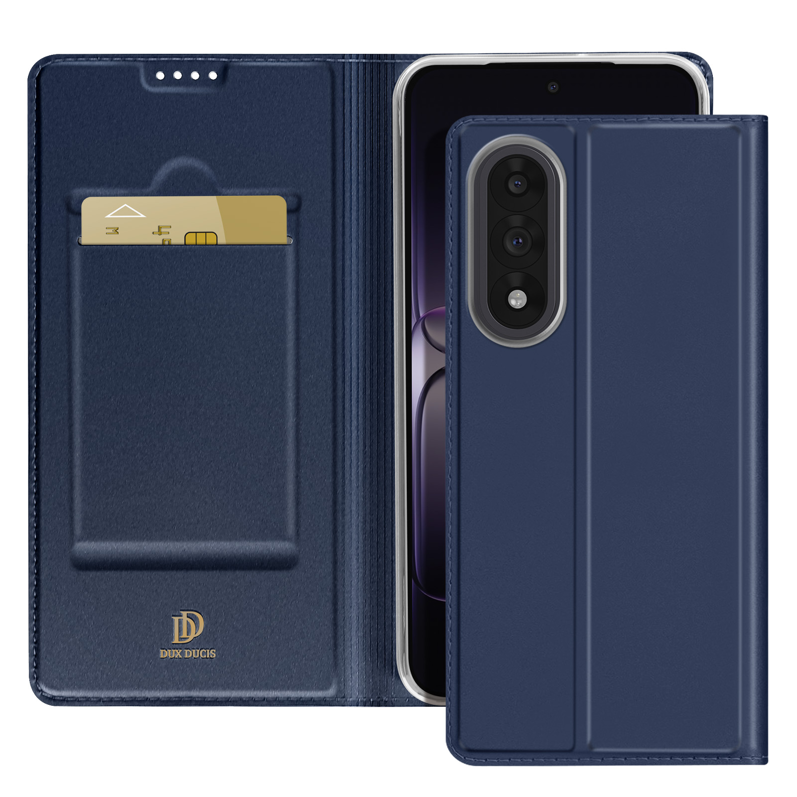 Una custodia blu con un telefono dentro. Una carta di credito è nello slot. La custodia è aperta e ha un logo.