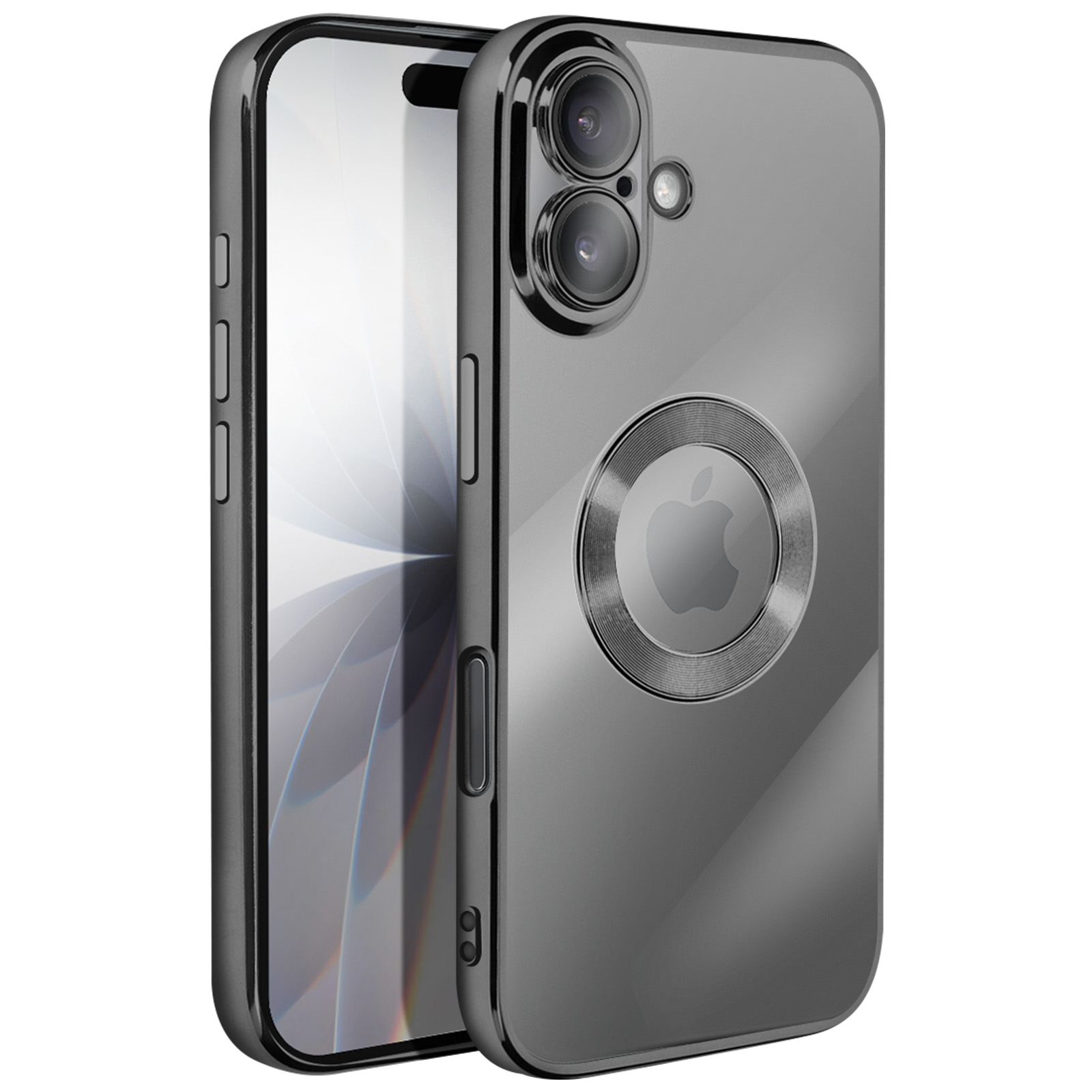 Une coque de téléphone grise avec un téléphone à l'intérieur. La coque a un anneau avec le logo Apple et deux caméras.