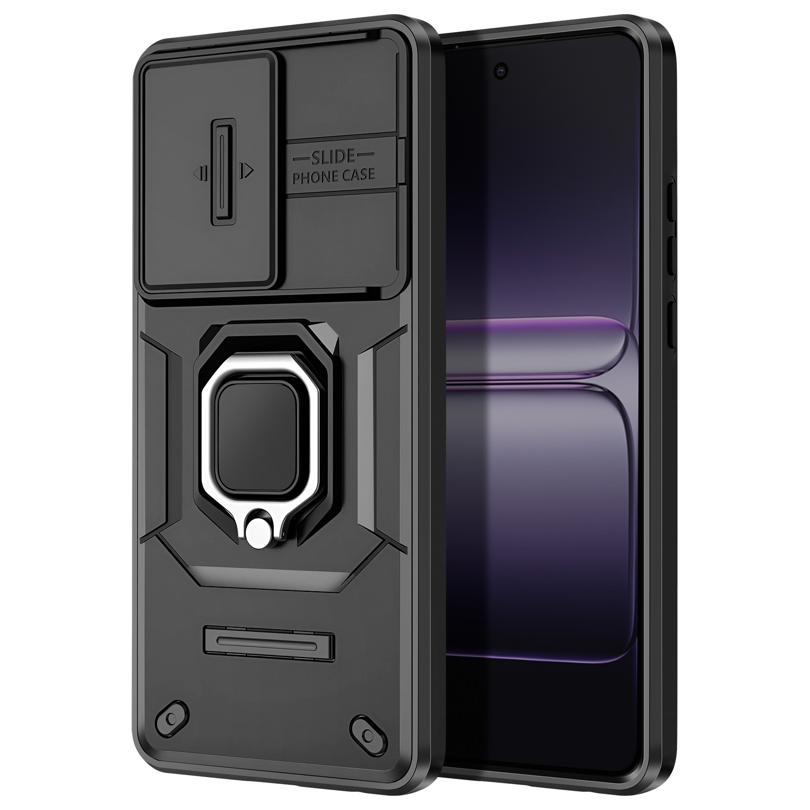 Coque de téléphone noire avec cache caméra coulissant, support d'anneau argenté et téléphone à écran violet.