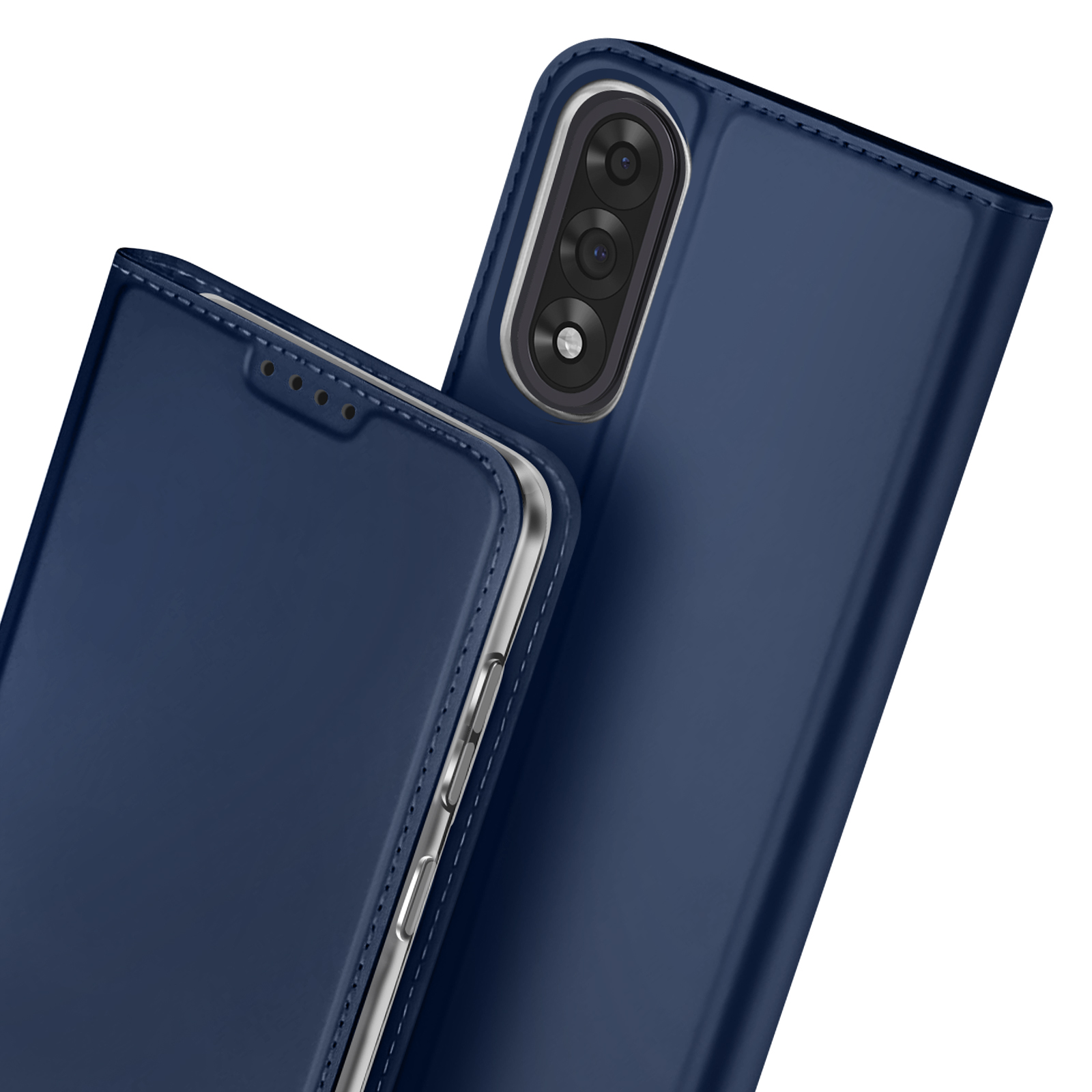 Primo piano di una custodia blu per telefono con cuciture, lenti della fotocamera visibili. La custodia è aperta.