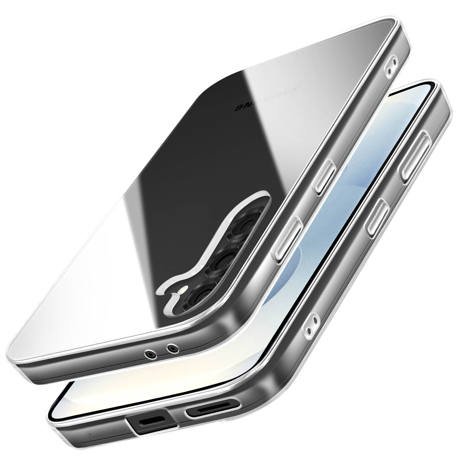 Una custodia trasparente per telefono sopra un telefono. La custodia è trasparente con bordi argentati. Il telefono ha uno schermo e una fotocamera.