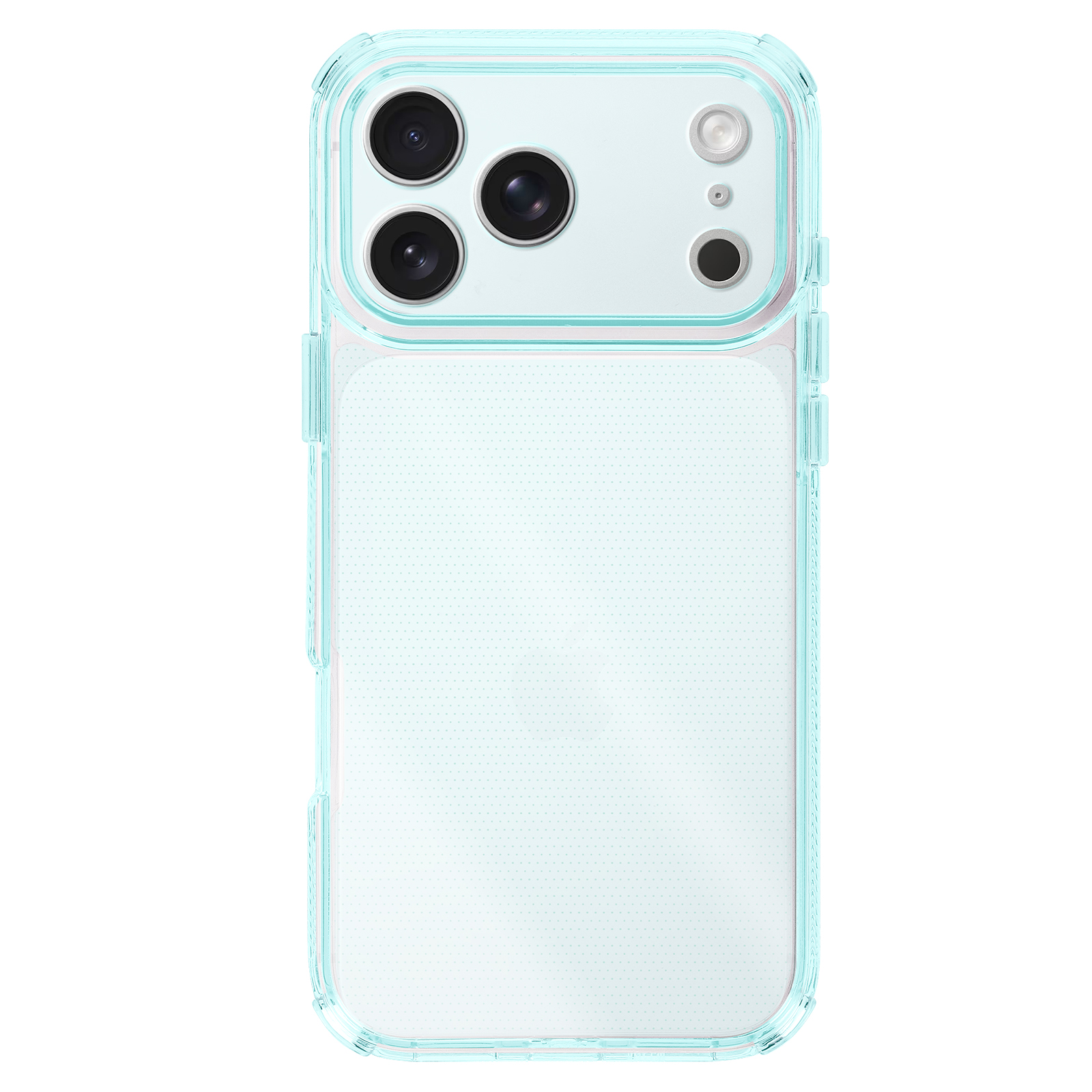 Transparente iPhone-Hülle mit tealfarbenem Rahmen und Kameraausschnitt mit mehreren Linsen.