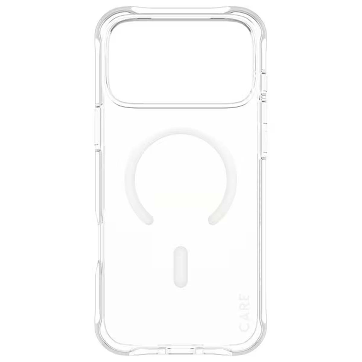 Une coque de téléphone transparente avec un design MagSafe circulaire et un petit rectangle en bas. Le mot 'CARE' est en bas à droite.