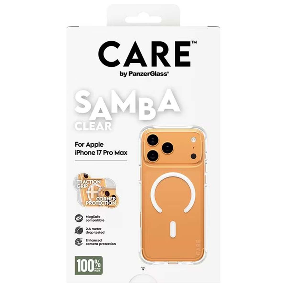 Boîte avec coque de téléphone. Coque orange iPhone 17 Pro Max. Texte: CARE, SAMBA, CLEAR. Caractéristiques: MagSafe, testé contre les chutes, protection caméra.