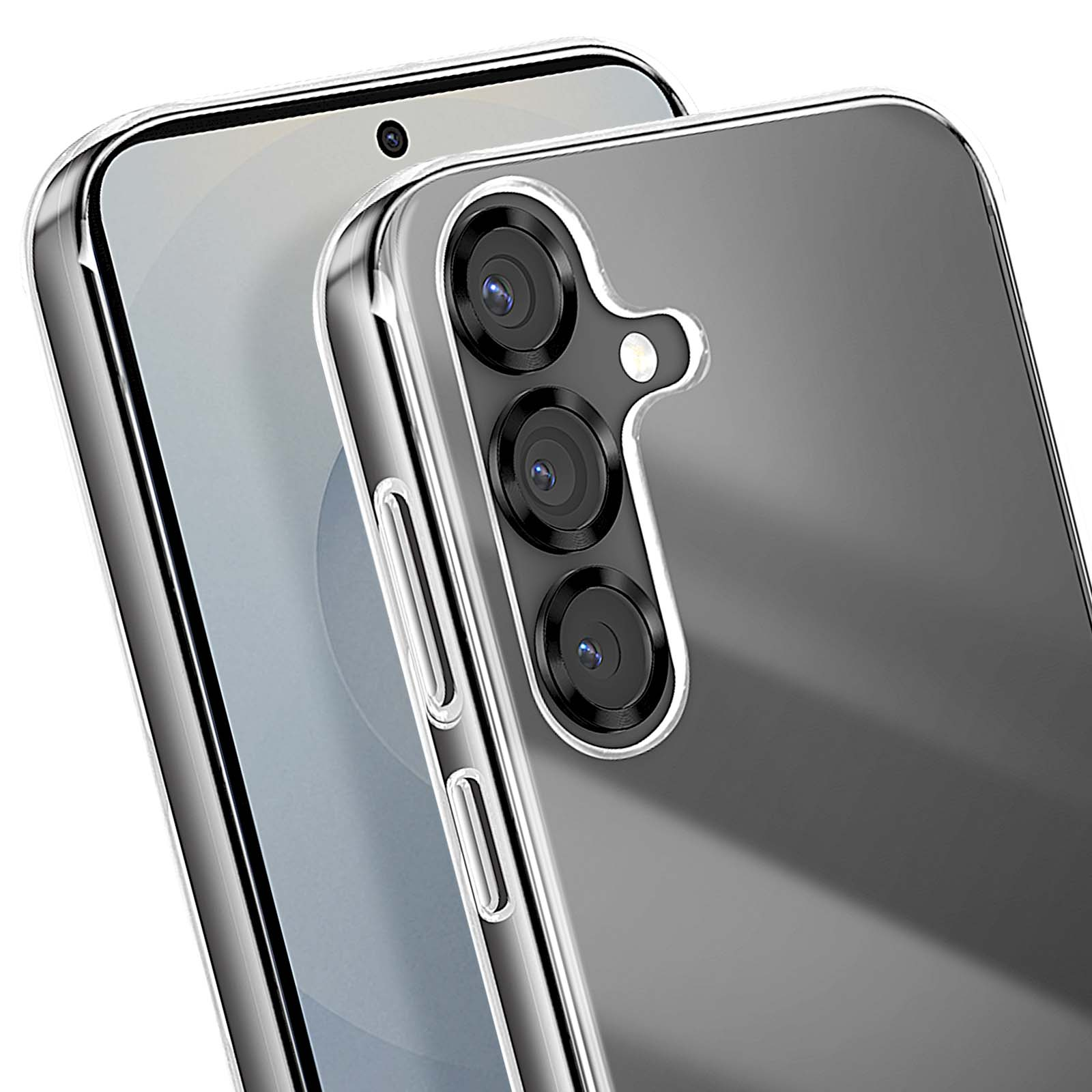 Primo piano di due smartphone con custodie trasparenti. Uno ha tre lenti, l'altro una singola lente. Entrambi sono grigi.