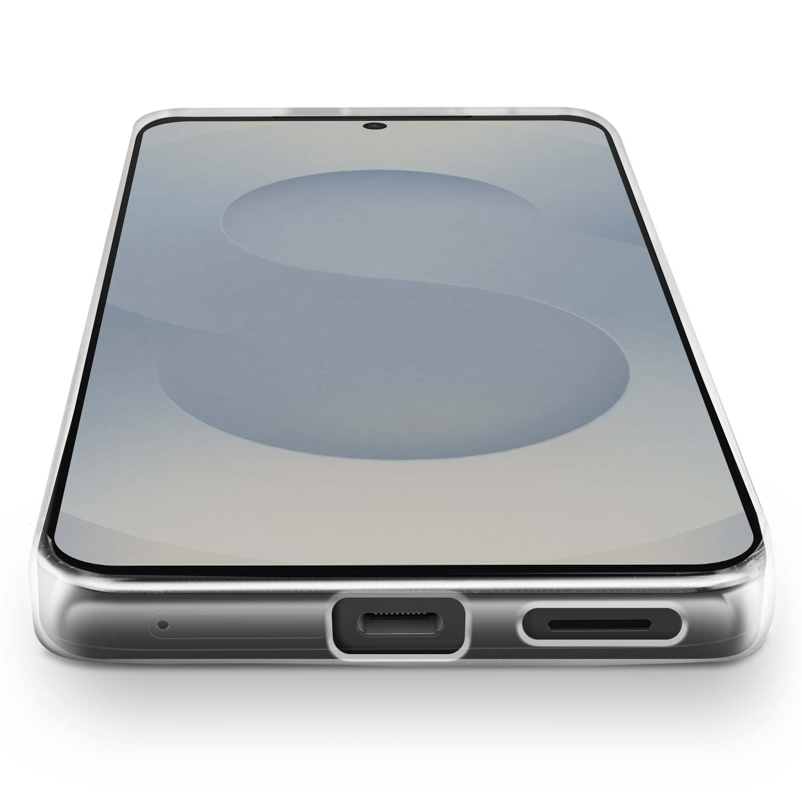 Uno smartphone in una custodia trasparente, visto in prospettiva. Lo schermo mostra un design grigio chiaro. Il telefono è su una superficie bianca.