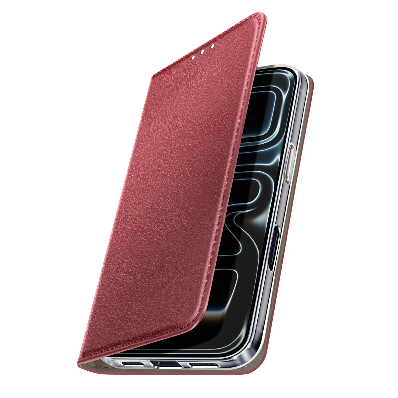 Una custodia rossa per telefono è aperta, rivelando uno smartphone. La custodia ha una superficie strutturata.