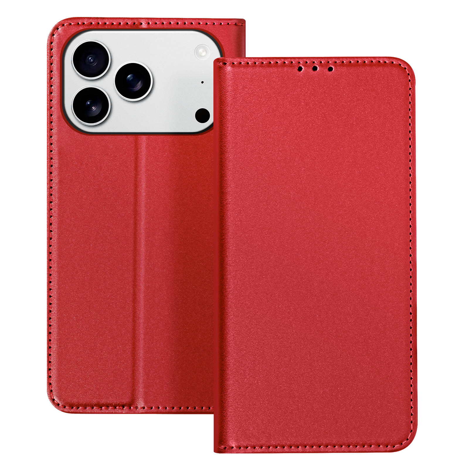 Una custodia rossa per telefono. La custodia è aperta, mostrando la fotocamera del telefono e l'interno. La custodia è cucita.