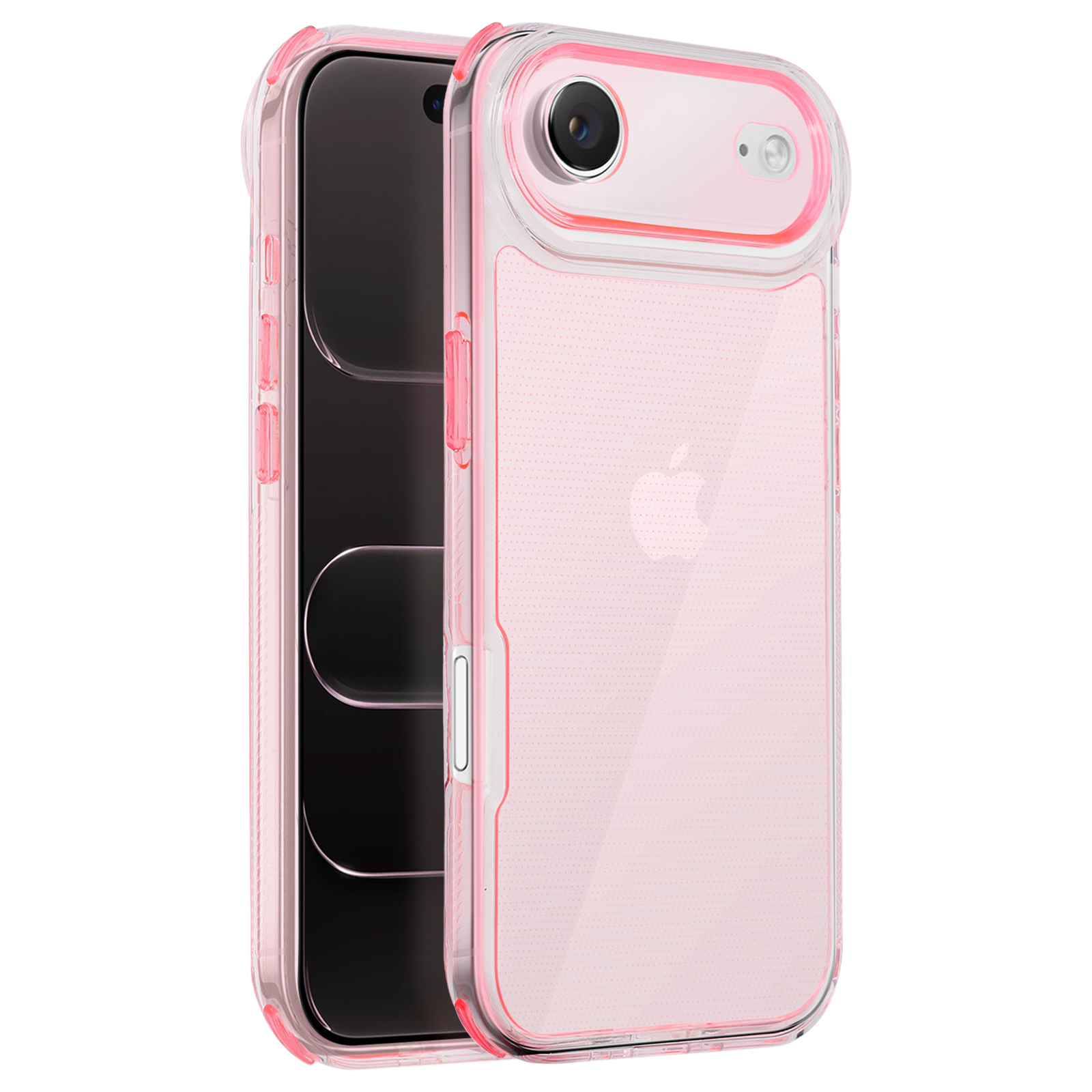 Una custodia rosa racchiude un telefono nero. Ha un retro trasparente con un motivo a pois e una cornice rosa.