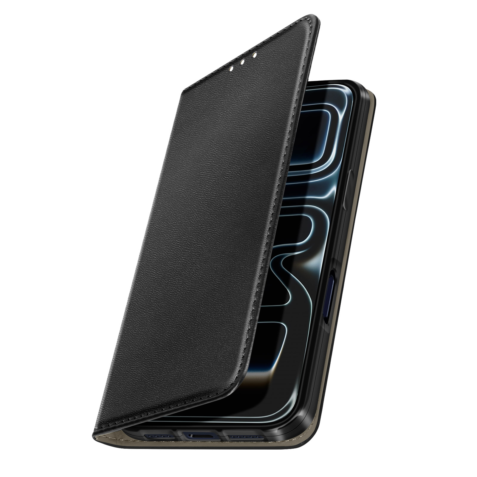 Een zwarte telefoonhoes met de klep open, waardoor een telefoonscherm zichtbaar is. De hoes is leerachtig.