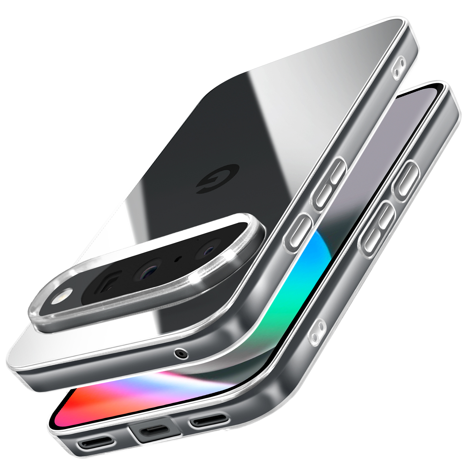 Een doorzichtige telefoonhoes die een telefoon met camerabobbel laat zien. De hoes heeft zilveren randen en het scherm toont kleuren.