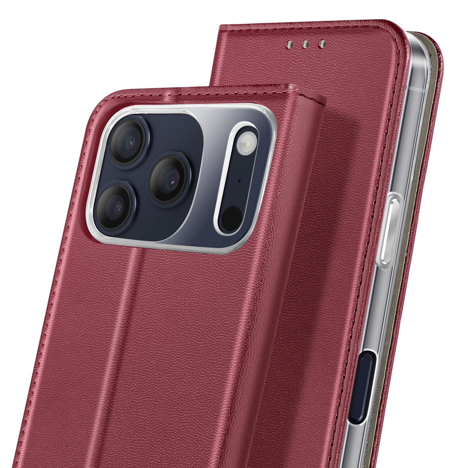 Una custodia per telefono in pelle marrone con un telefono all'interno. La custodia ha un ritaglio per la fotocamera e un pulsante. Il telefono ha più lenti.