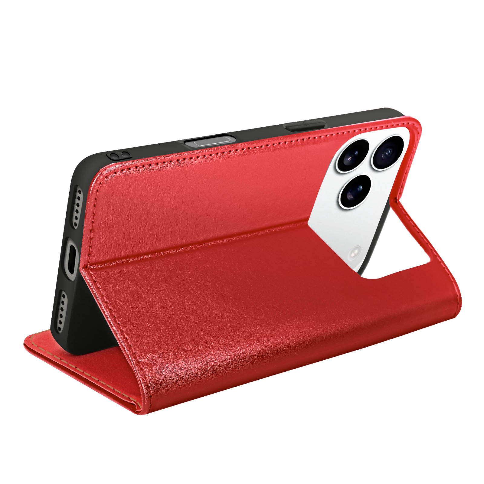 Custodia per telefono in pelle rossa. Il telefono è nella custodia, con la fotocamera visibile. La custodia è aperta, in piedi su una superficie bianca.