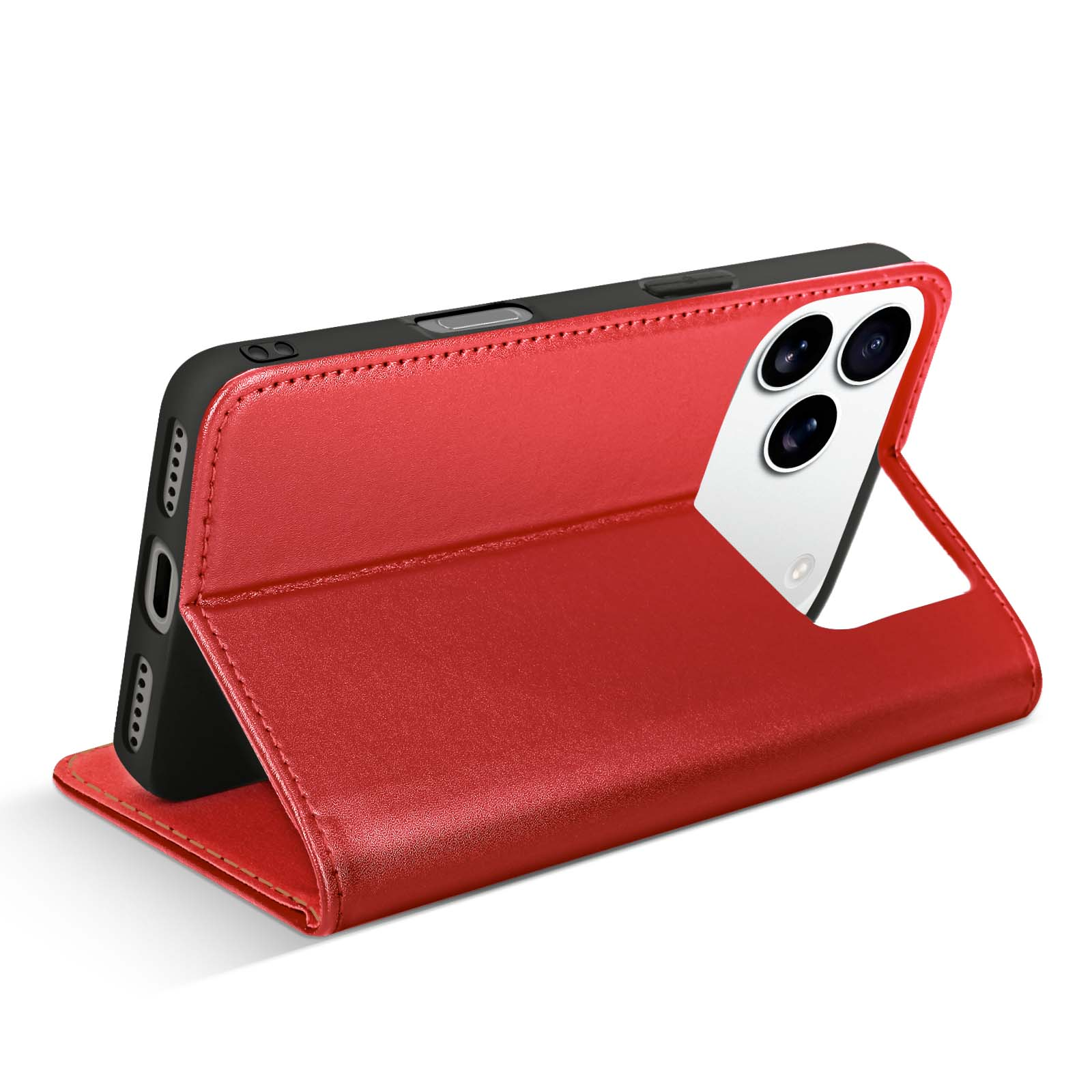 Custodia rossa per telefono con bordi neri, aperta, che mostra un telefono con lenti della fotocamera. Sfondo bianco.