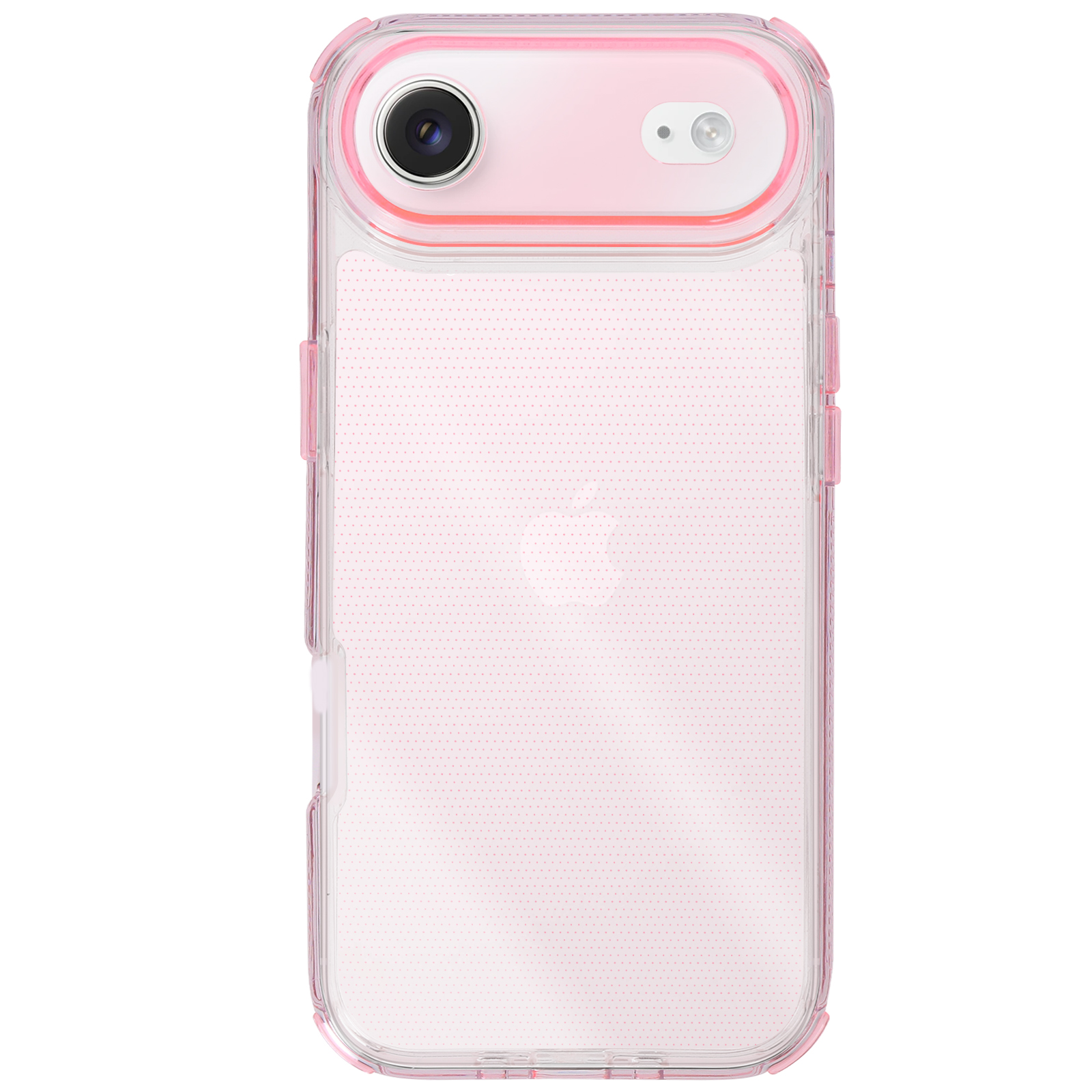 Una custodia rosa per telefono con retro trasparente. Ha un'area fotocamera rosa e un bordo trasparente. Il retro ha un design a pois.