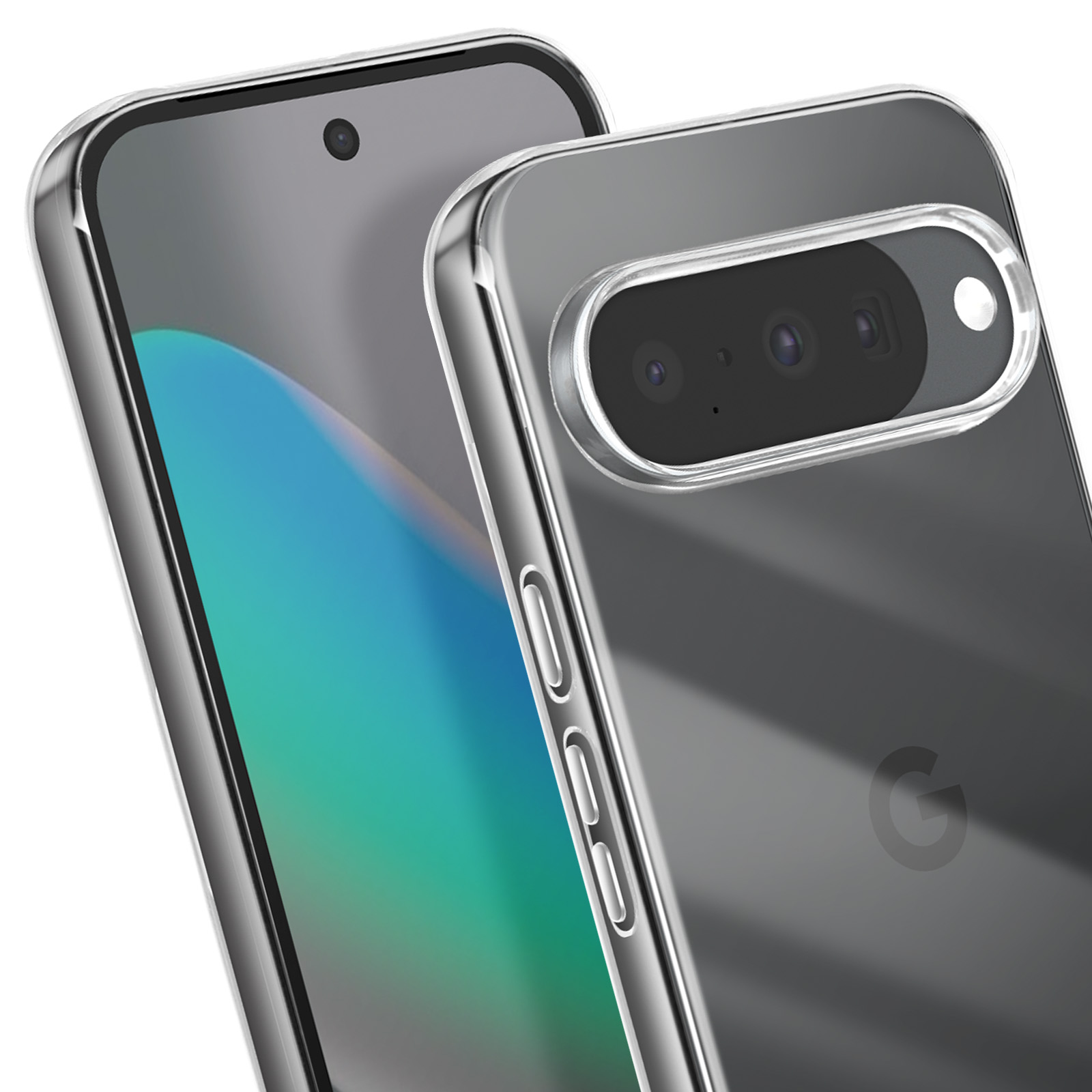 Transparante telefoonhoes op twee telefoons. Eén heeft een blauwgroen scherm. Beide telefoons hebben cameralenzen.