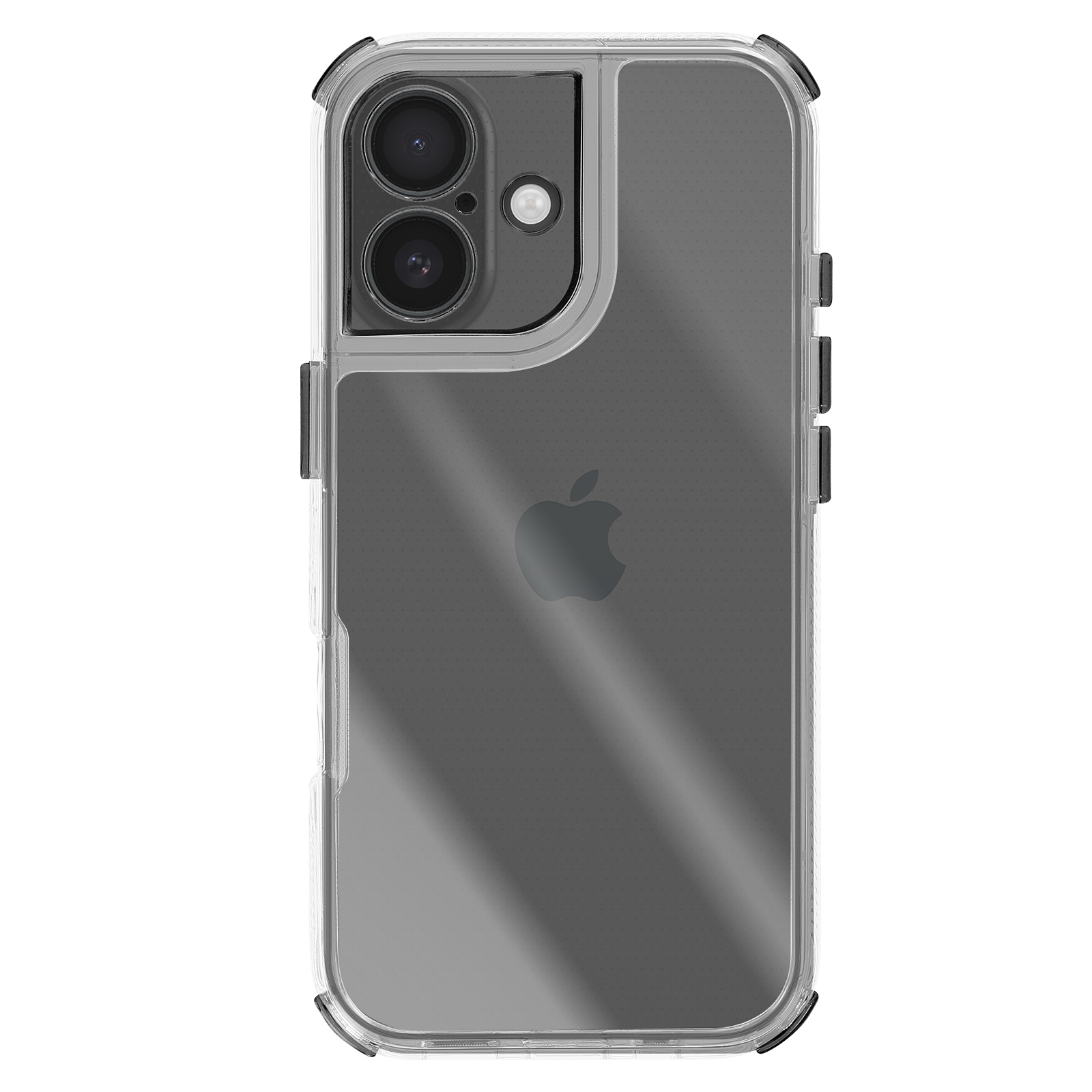 Transparante telefoonhoes met zwarte accenten. Apple-logo zichtbaar. Dubbele lenzen boven, zijknoppen aanwezig.