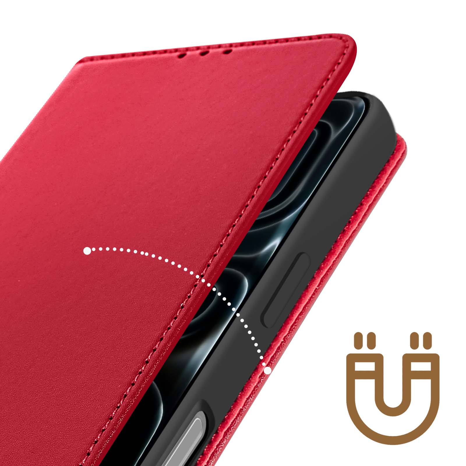 Custodia rossa per telefono con telefono nero all'interno. La custodia è aperta, rivelando il telefono. Icona magnete.